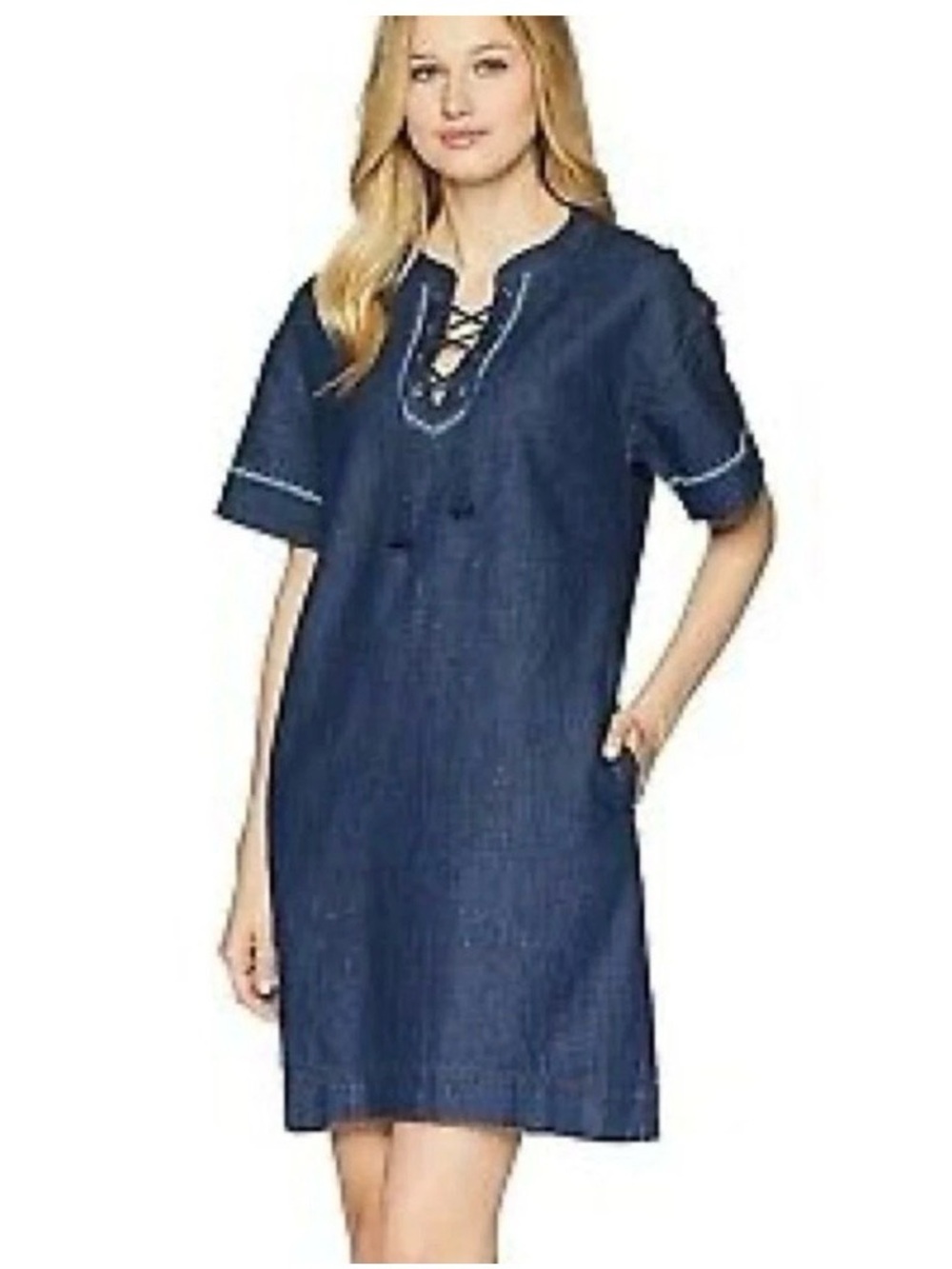 Lauren Ralph Lauren Dark Blue Denim Lace-Up Short Sleeve Shift Dress